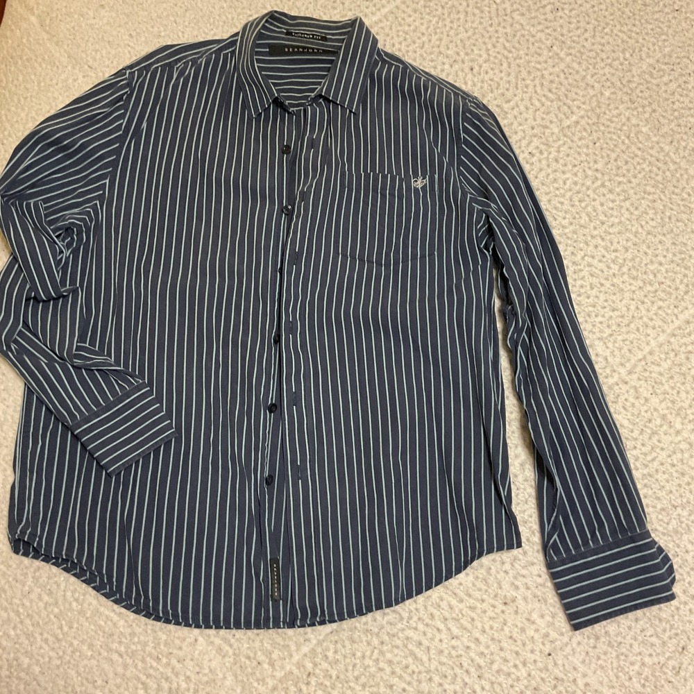 Sean John Button Down‎ Shirt Mens Large Blue Excellent Tailored Fit Striped